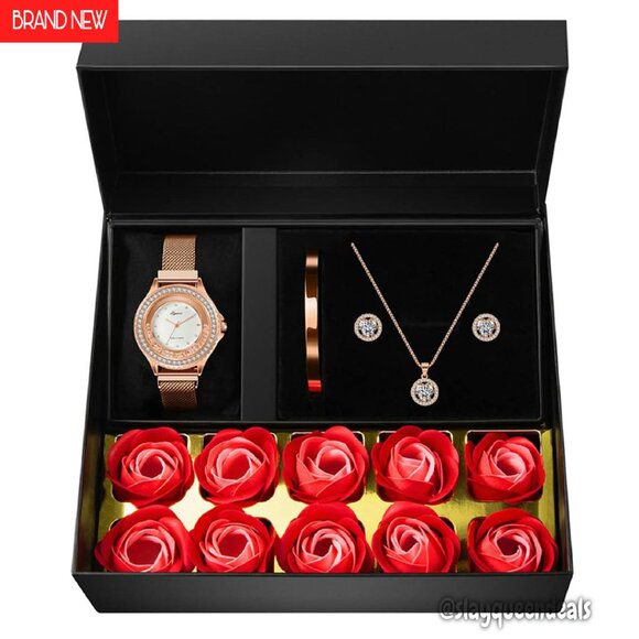 Rose Gold Watch Jewelry Set with Necklace Bracelet Earrings Gift Box